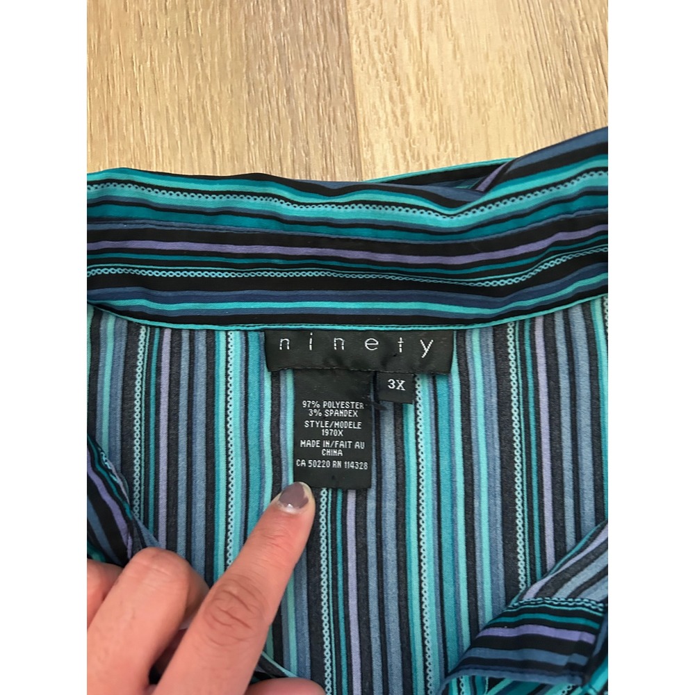Vintage Ninety 3X Teal Blue‎ Striped Button Up Long Sleeve Blouse  preppy office - Picture 3 of 6